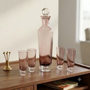 Vintage Krosno Amethyst Cased Glass Decanter Set w 4 Cordial Shot Glasses